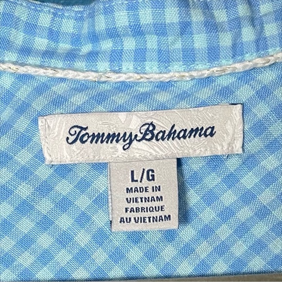 Tommy Bahama Gingham Way Linen Sleeveless Camp Shirt glass bead blue size large - Picture 4 of 5